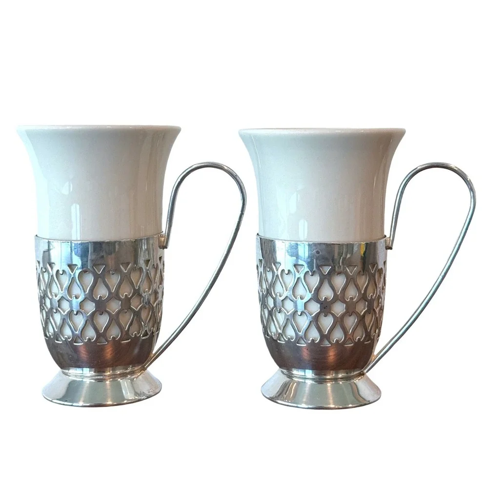 Vintage Gorham PAIR Silver Plated‎ Irish Coffee Mugs Porcelain Inserts 4.5